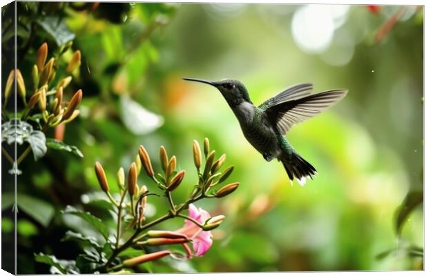 A hummingbird in flight looking for nectar in the jungle. Canvas Print by Michael Piepgras