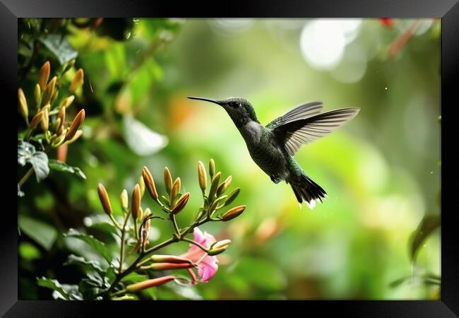 A hummingbird in flight looking for nectar in the jungle. Framed Print by Michael Piepgras