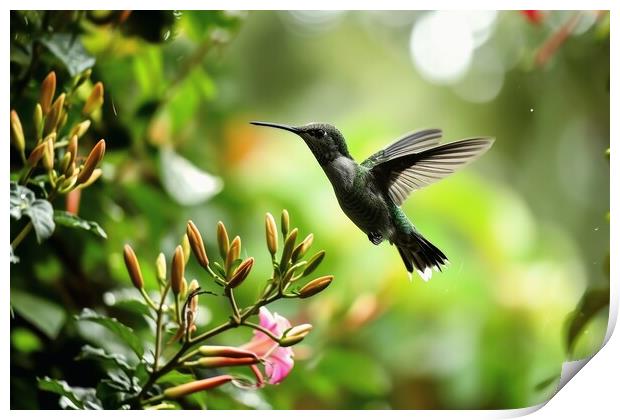 A hummingbird in flight looking for nectar in the jungle. Print by Michael Piepgras