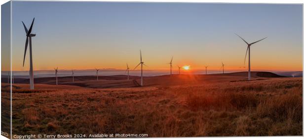 Sunset Panorama Over Betws Mountain Wind Farm Canvas Print by Terry Brooks