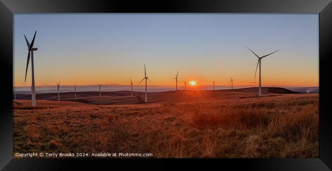 Sunset Panorama Over Betws Mountain Wind Farm Framed Print by Terry Brooks