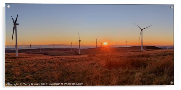 Sunset Panorama Over Betws Mountain Wind Farm Acrylic by Terry Brooks