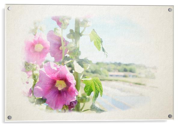 hollyhock with saltminning in watercolor Acrylic by youri Mahieu