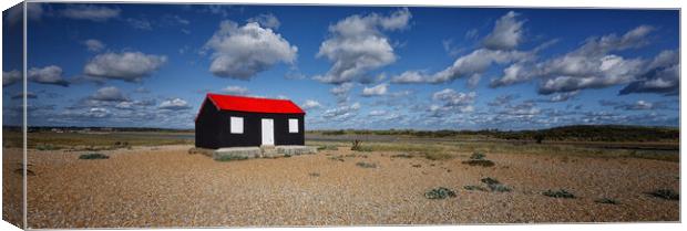 The Red Roofed Hut at Rye Harbour nature reserve Sussex UK Canvas Print by John Gilham