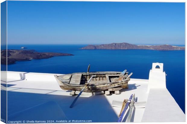 Boat On Roof Santorini Greek island Canvas Print by Sheila Ramsey