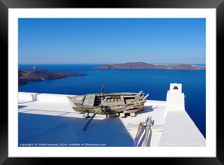 Boat On Roof Santorini Greek island Framed Mounted Print by Sheila Ramsey