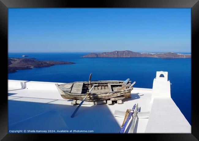 Boat On Roof Santorini Greek island Framed Print by Sheila Ramsey