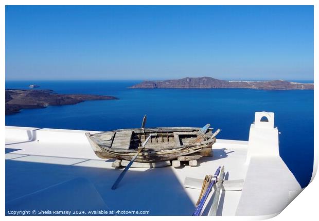 Boat On Roof Santorini Greek island Print by Sheila Ramsey