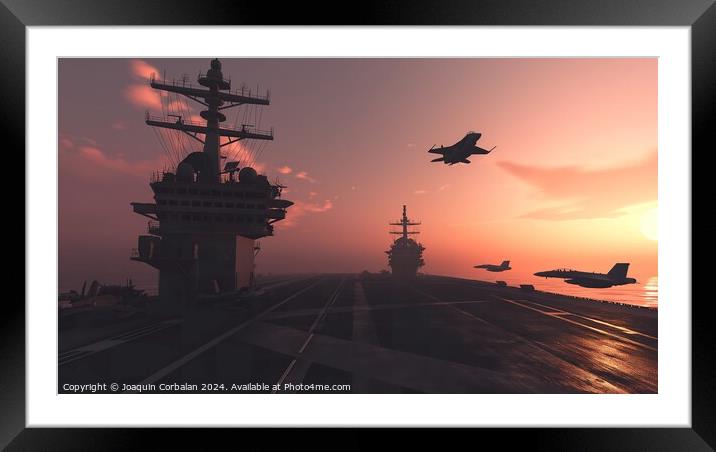 A squadron of planes flying in perfect formation over a massive military aircraft carrier on the open sea. Framed Mounted Print by Joaquin Corbalan