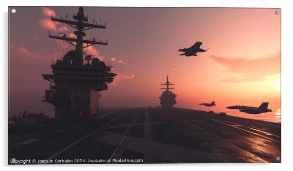 A squadron of planes flying in perfect formation over a massive military aircraft carrier on the open sea. Acrylic by Joaquin Corbalan