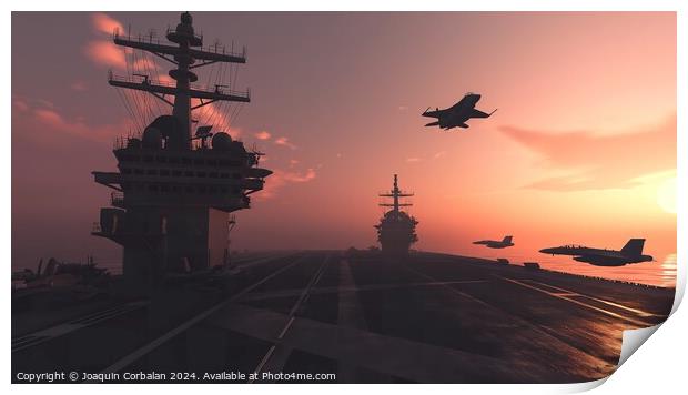 A squadron of planes flying in perfect formation over a massive military aircraft carrier on the open sea. Print by Joaquin Corbalan