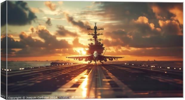 A large aircraft is parked on the runway of a military aircraft carrier while crew members perform final checks. Canvas Print by Joaquin Corbalan