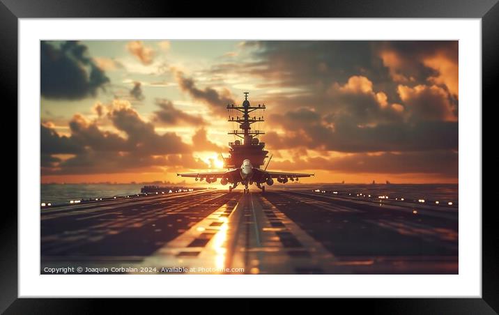 A large aircraft is parked on the runway of a military aircraft carrier while crew members perform final checks. Framed Mounted Print by Joaquin Corbalan