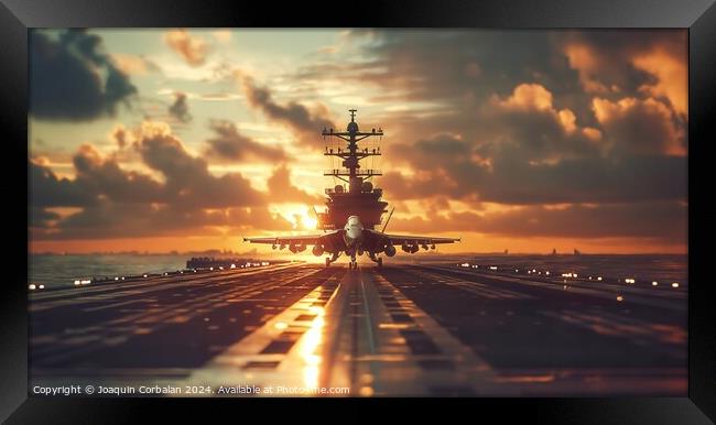 A large aircraft is parked on the runway of a military aircraft carrier while crew members perform final checks. Framed Print by Joaquin Corbalan