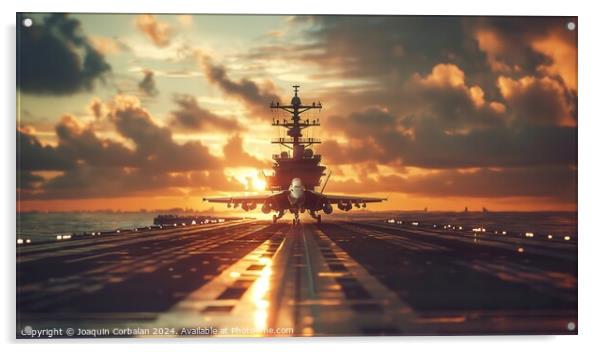 A large aircraft is parked on the runway of a military aircraft carrier while crew members perform final checks. Acrylic by Joaquin Corbalan