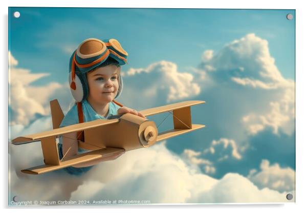 A small boy soars through the sky in a paper airplane. Acrylic by Joaquin Corbalan