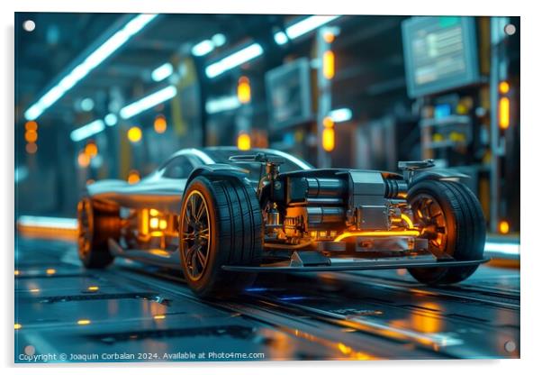 A sleek, modern electric sports car is showcased moving along a conveyor belt. Acrylic by Joaquin Corbalan