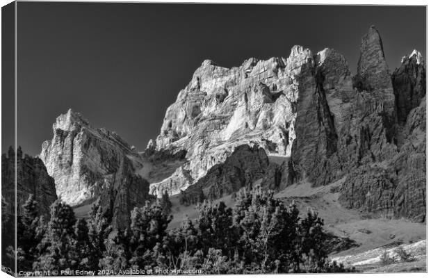 Evening light on peaks, The Dolomites, Italy Canvas Print by Paul Edney
