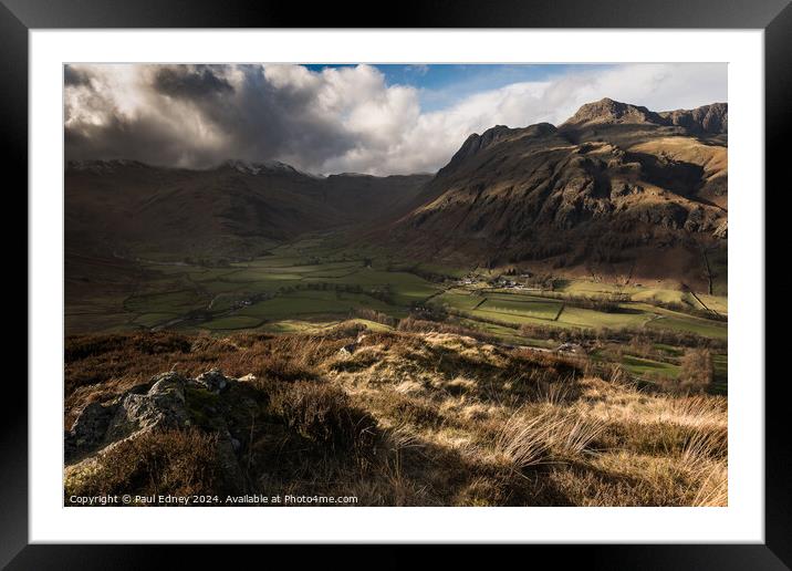 Evening storm approaches over Langdale mountains a Framed Mounted Print by Paul Edney