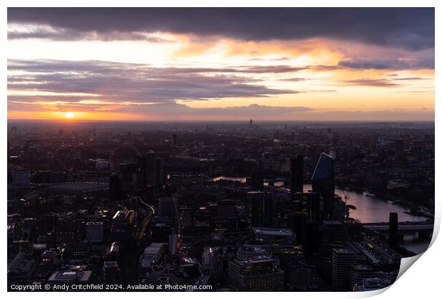 Sunset over London and the River Thames Print by Andy Critchfield