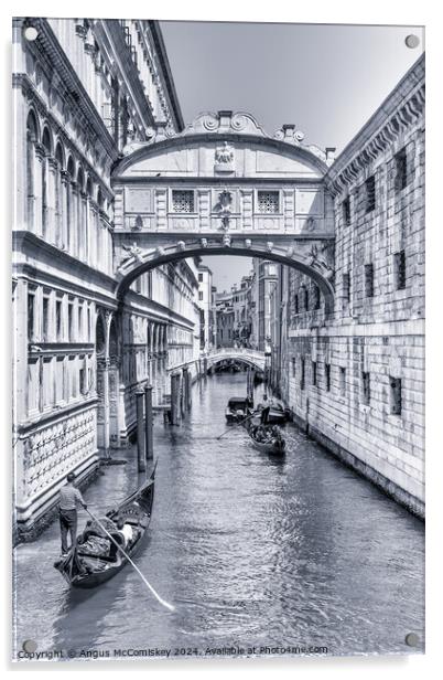 Gondolas under the Bridge of Sighs in Venice (B&W) Acrylic by Angus McComiskey