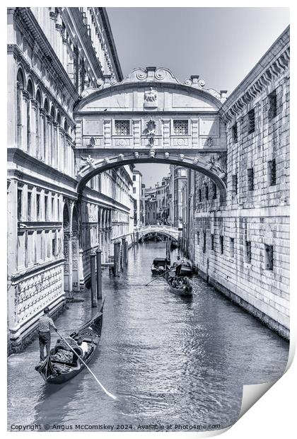 Gondolas under the Bridge of Sighs in Venice (B&W) Print by Angus McComiskey