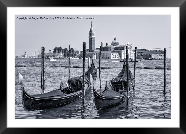 Gondolas on waterfront promenade in Venice (B&W) Framed Mounted Print by Angus McComiskey