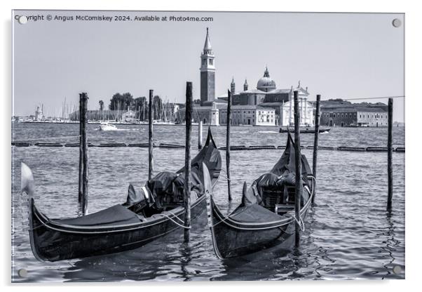 Gondolas on waterfront promenade in Venice (B&W) Acrylic by Angus McComiskey
