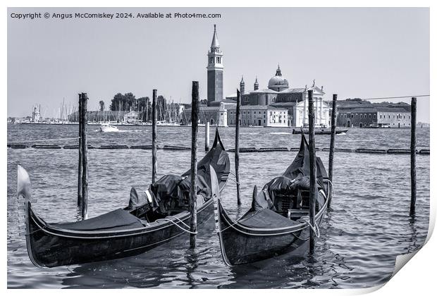 Gondolas on waterfront promenade in Venice (B&W) Print by Angus McComiskey