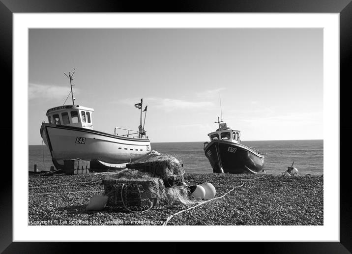 Black and White Boats at Beer in Devon Framed Mounted Print by Les Schofield