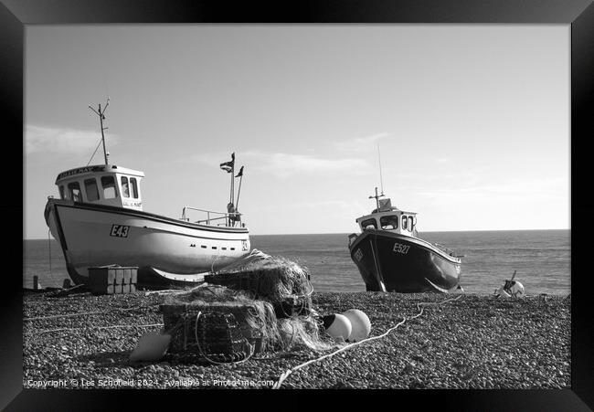 Black and White Boats at Beer in Devon Framed Print by Les Schofield