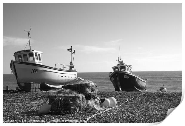 Black and White Boats at Beer in Devon Print by Les Schofield