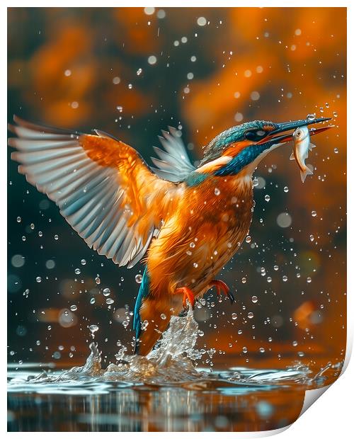 Kingfisher catches a Fish Print by T2 