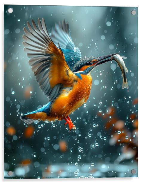 Kingfisher catches a Fish Acrylic by T2 