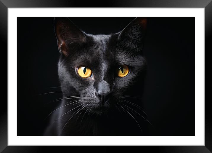 A close up of a black cat on a dark background. Framed Mounted Print by Michael Piepgras