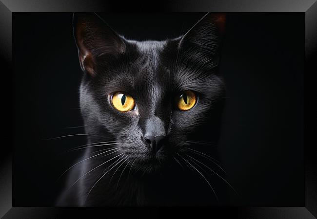 A close up of a black cat on a dark background. Framed Print by Michael Piepgras