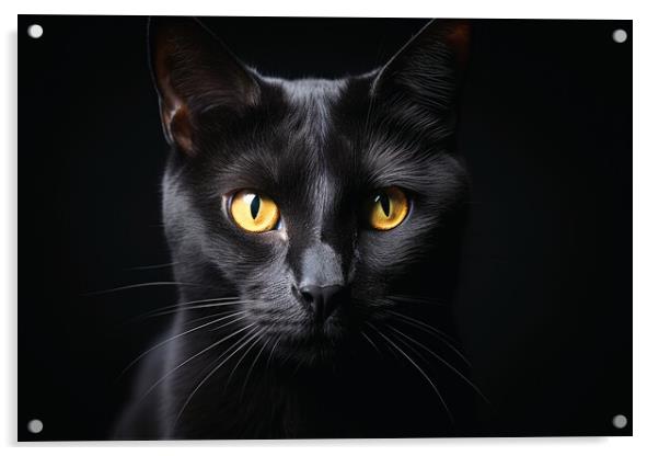 A close up of a black cat on a dark background. Acrylic by Michael Piepgras