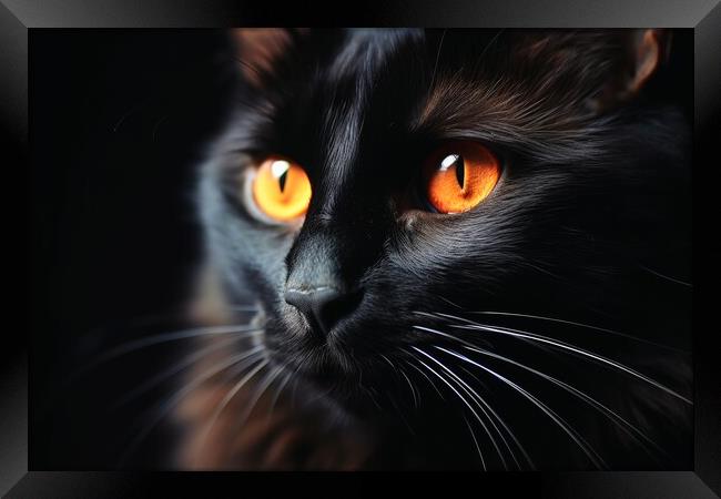 A close up of a black cat on a dark background. Framed Print by Michael Piepgras