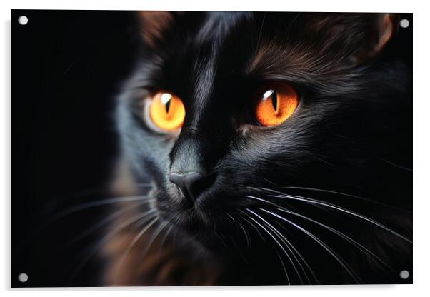 A close up of a black cat on a dark background. Acrylic by Michael Piepgras