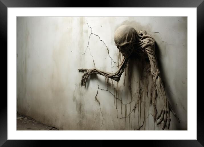 A creepy figure crawls right out of the wall. Framed Mounted Print by Michael Piepgras