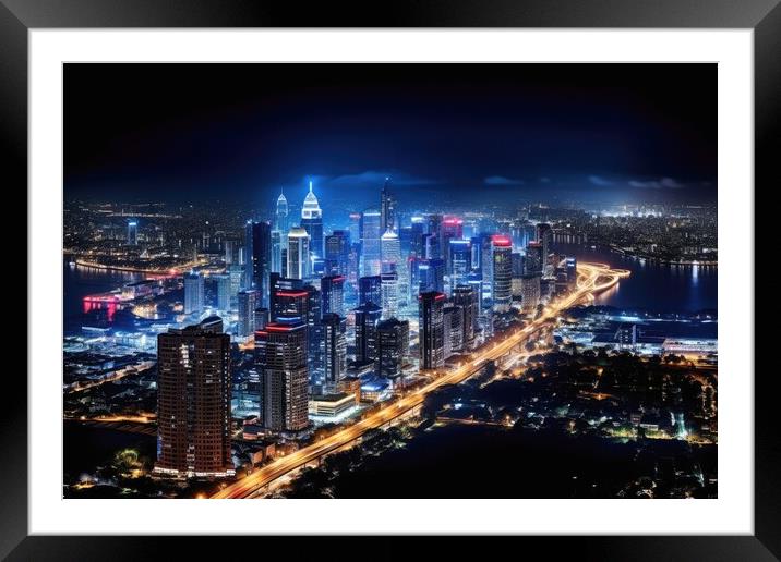 A bustling cityscape at night representing urban energy and nigh Framed Mounted Print by Michael Piepgras