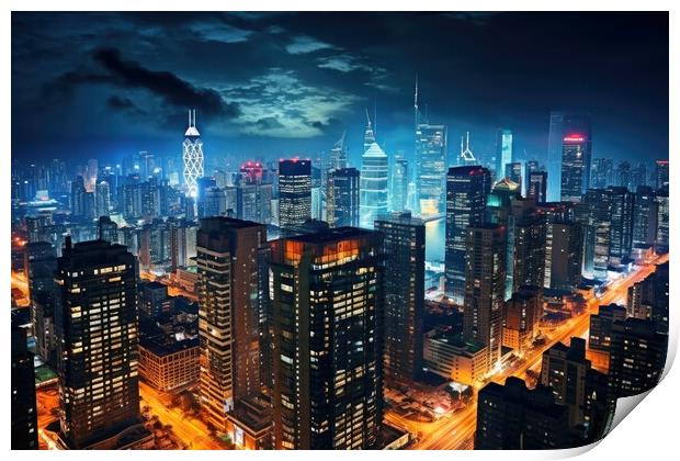 A bustling cityscape at night representing urban energy and nigh Print by Michael Piepgras
