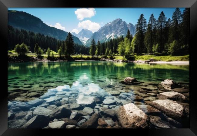 A crystal clear mountain lake in a beautiful mountain landscape. Framed Print by Michael Piepgras