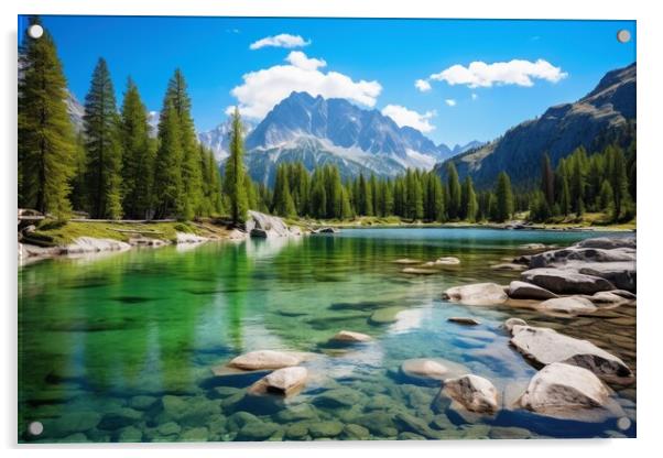 A crystal clear mountain lake in a beautiful mountain landscape. Acrylic by Michael Piepgras