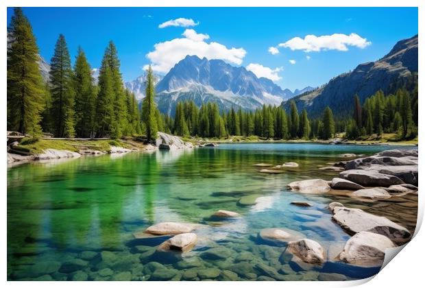 A crystal clear mountain lake in a beautiful mountain landscape. Print by Michael Piepgras
