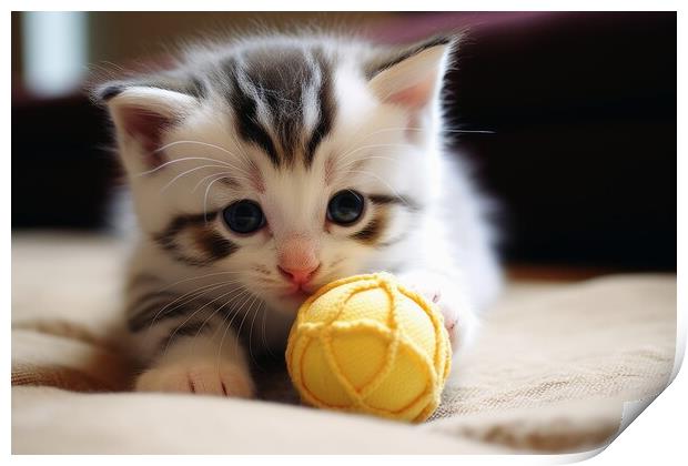A cute cat playing with a ball of wool. Print by Michael Piepgras