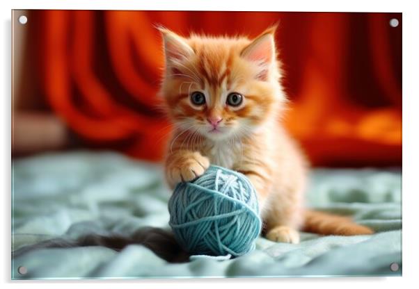 A cute cat playing with a ball of wool. Acrylic by Michael Piepgras