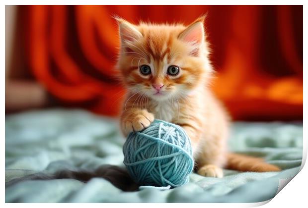 A cute cat playing with a ball of wool. Print by Michael Piepgras