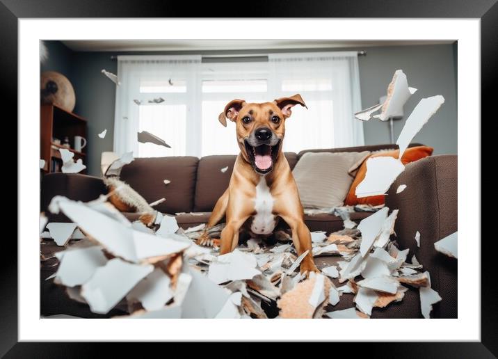 A dog making a mess in the living room. Framed Mounted Print by Michael Piepgras
