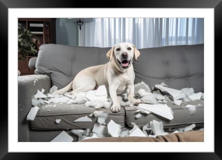 A dog making a mess in the living room. Framed Mounted Print by Michael Piepgras